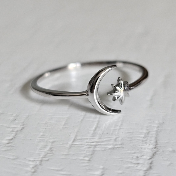 Moon Star Ring, Thin Crescent Moon Ring, Sterling Silver Women Ring, Boho Chic, - Picture 3 of 10